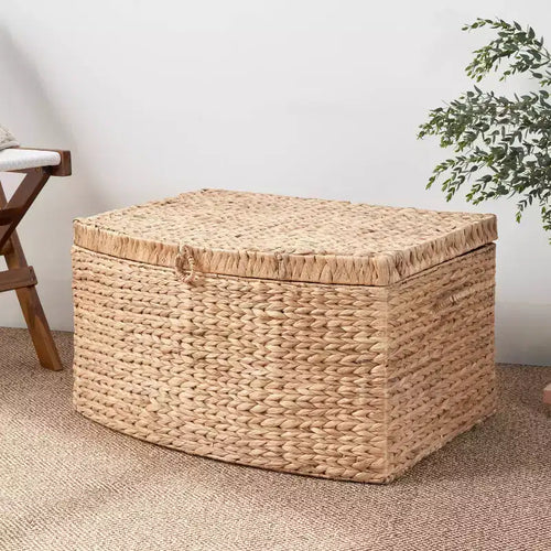 Malle rectangulaire en jacinthe d'eau tressée, 26"x19"x14", marron naturel : Coffre de rangement, cadre en fer