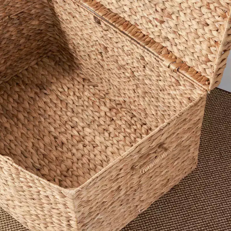 Malle rectangulaire en jacinthe d'eau tressée, 26"x19"x14", marron naturel : Coffre de rangement, cadre en fer
