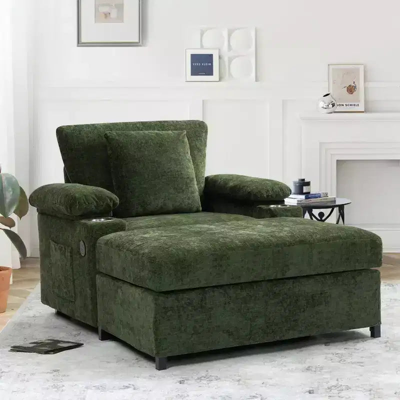 Fauteuil surdimensionné moderne avec pouf, fauteuil d'appoint en tissu chenille, canapé-lit confortable avec porte-gobelets et ports USB