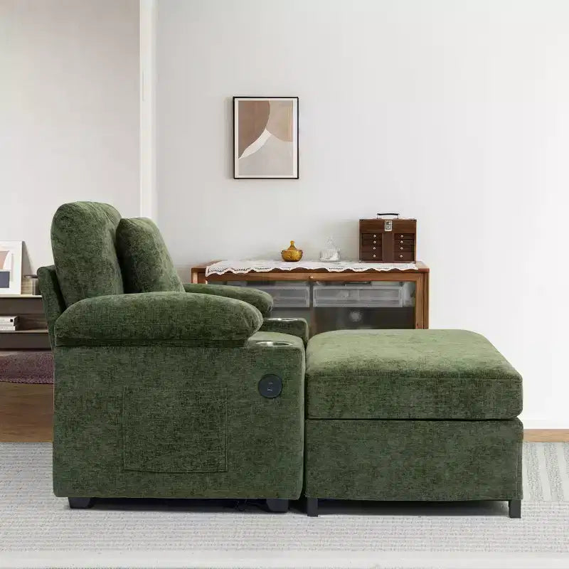 Fauteuil surdimensionné moderne avec pouf, fauteuil d'appoint en tissu chenille, canapé-lit confortable avec porte-gobelets et ports USB