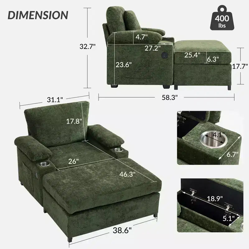 Fauteuil surdimensionné moderne avec pouf, fauteuil d'appoint en tissu chenille, canapé-lit confortable avec porte-gobelets et ports USB