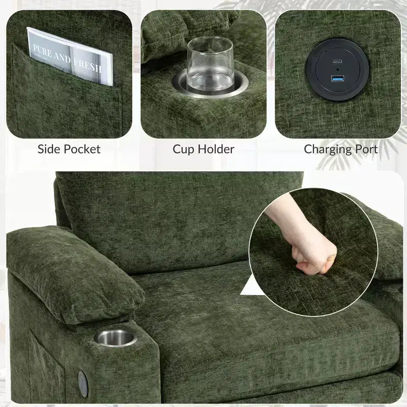 Fauteuil surdimensionné moderne avec pouf, fauteuil d'appoint en tissu chenille, canapé-lit confortable avec porte-gobelets et ports USB