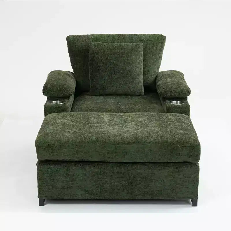 Fauteuil surdimensionné moderne avec pouf, fauteuil d'appoint en tissu chenille, canapé-lit confortable avec porte-gobelets et ports USB