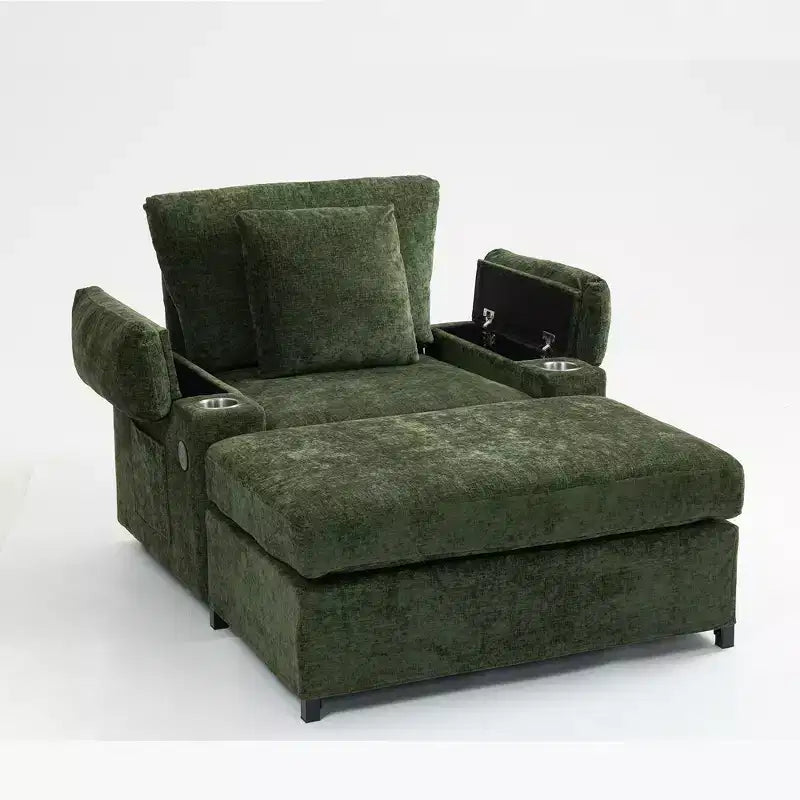 Fauteuil surdimensionné moderne avec pouf, fauteuil d'appoint en tissu chenille, canapé-lit confortable avec porte-gobelets et ports USB