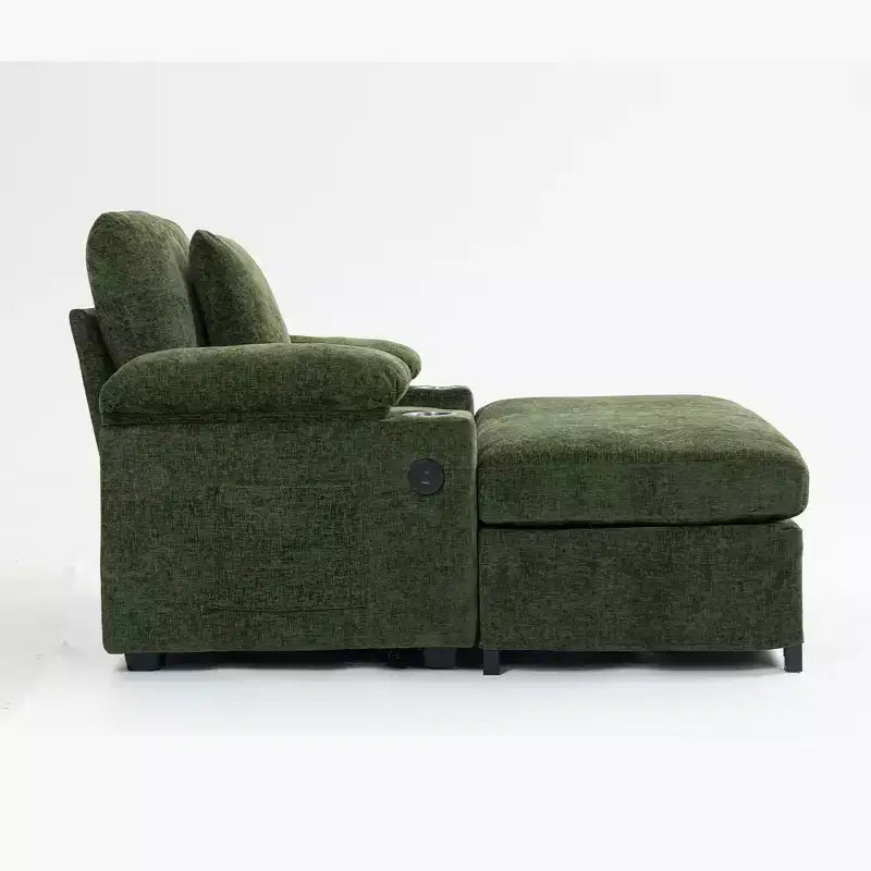 Fauteuil surdimensionné moderne avec pouf, fauteuil d'appoint en tissu chenille, canapé-lit confortable avec porte-gobelets et ports USB