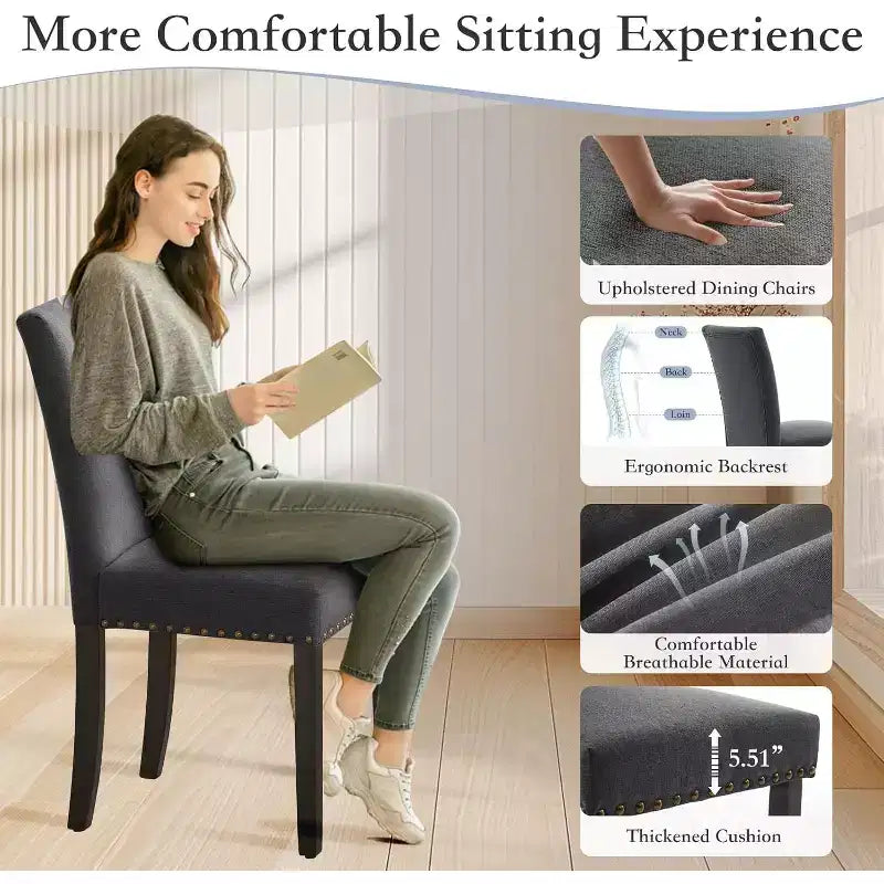 Lot de 2 chaises de salle à manger rembourrées, chaises Parsons ergonomiques à dossier haut en tissu avec garniture cloutée pour cuisine/salle à manger/hôtel