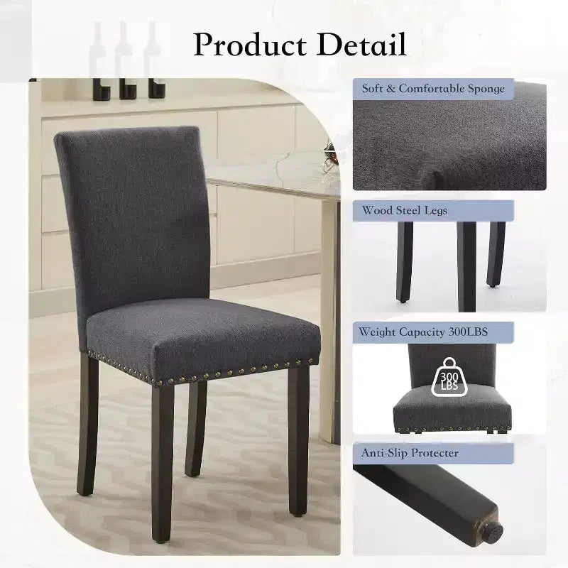 Lot de 2 chaises de salle à manger rembourrées, chaises Parsons ergonomiques à dossier haut en tissu avec garniture cloutée pour cuisine/salle à manger/hôtel