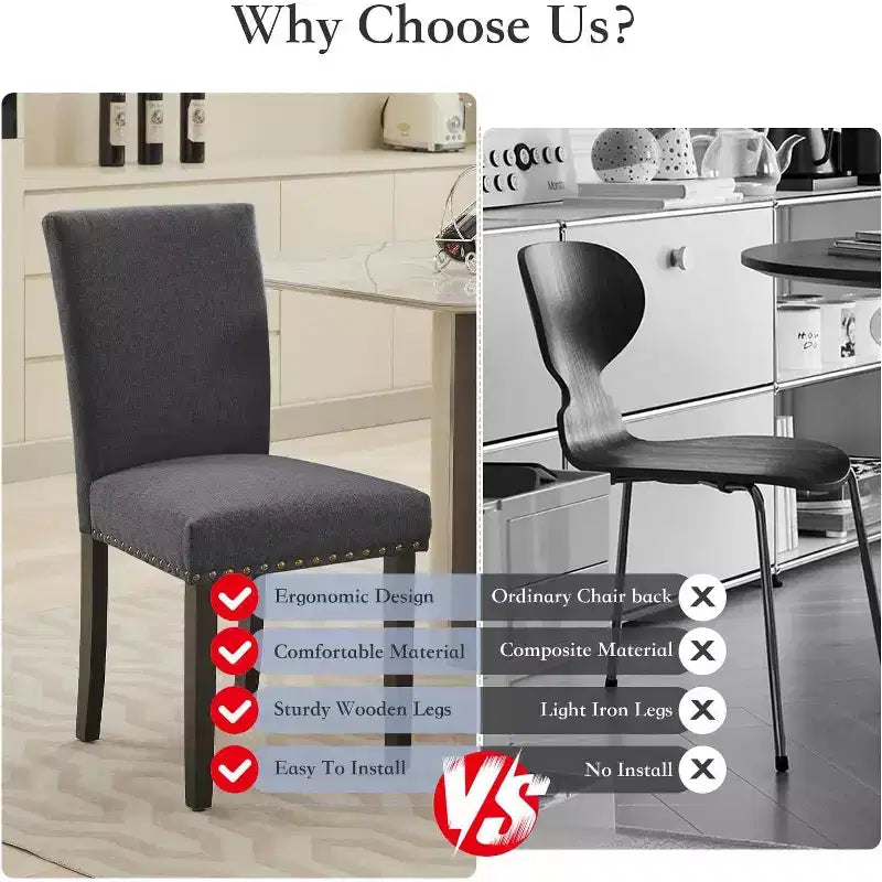 Lot de 2 chaises de salle à manger rembourrées, chaises Parsons ergonomiques à dossier haut en tissu avec garniture cloutée pour cuisine/salle à manger/hôtel