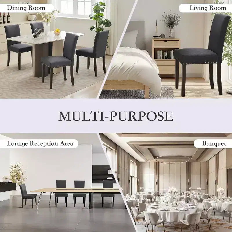Lot de 2 chaises de salle à manger rembourrées, chaises Parsons ergonomiques à dossier haut en tissu avec garniture cloutée pour cuisine/salle à manger/hôtel