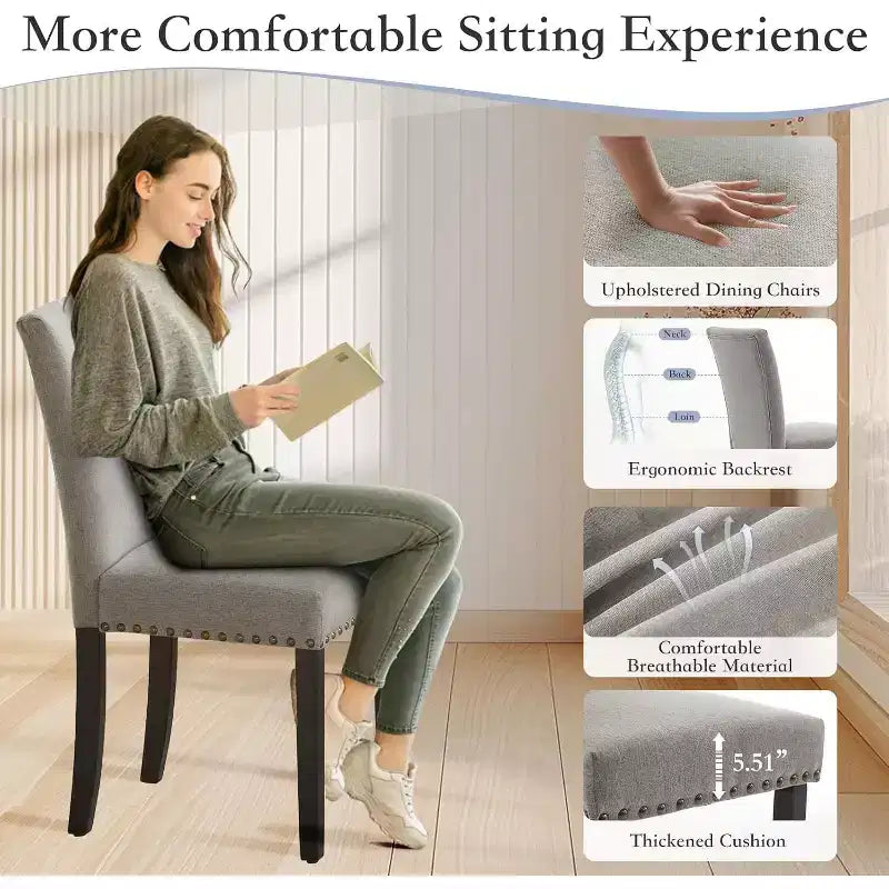 Lot de 2 chaises de salle à manger rembourrées, chaises Parsons ergonomiques à dossier haut en tissu avec garniture cloutée pour cuisine/salle à manger/hôtel