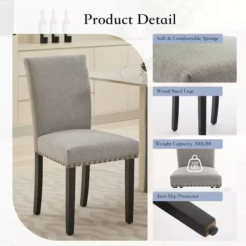 Lot de 2 chaises de salle à manger rembourrées, chaises Parsons ergonomiques à dossier haut en tissu avec garniture cloutée pour cuisine/salle à manger/hôtel