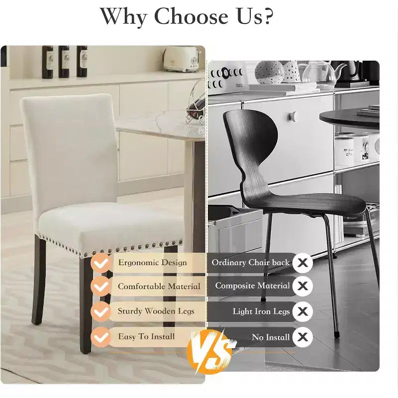 Lot de 2 chaises de salle à manger rembourrées, chaises Parsons ergonomiques à dossier haut en tissu avec garniture cloutée pour cuisine/salle à manger/hôtel