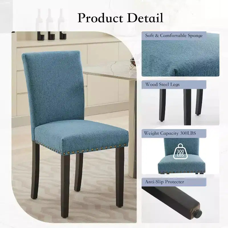 Lot de 2 chaises de salle à manger rembourrées, chaises Parsons ergonomiques à dossier haut en tissu avec garniture cloutée pour cuisine/salle à manger/hôtel