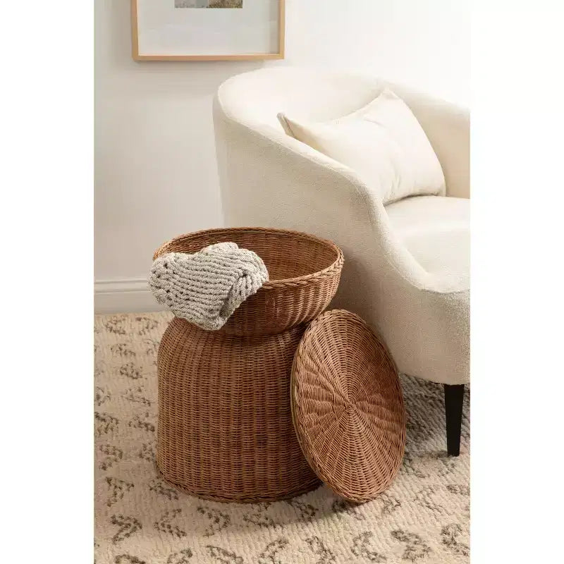 Table d'appoint de rangement ronde en rotin