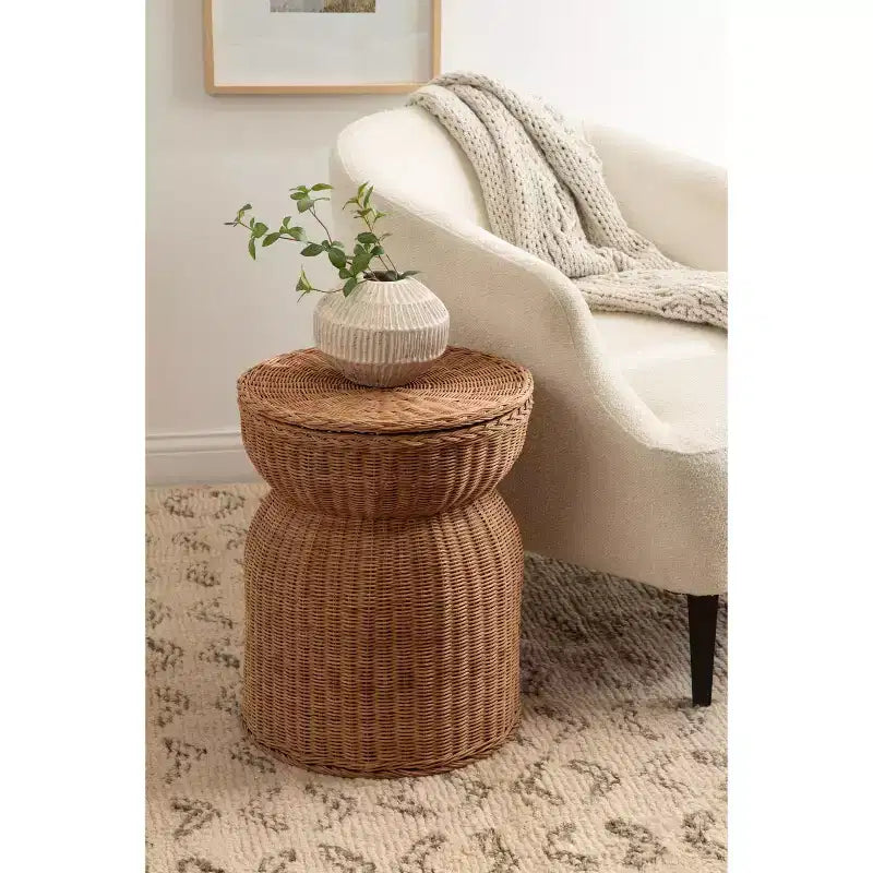 Table d'appoint de rangement ronde en rotin