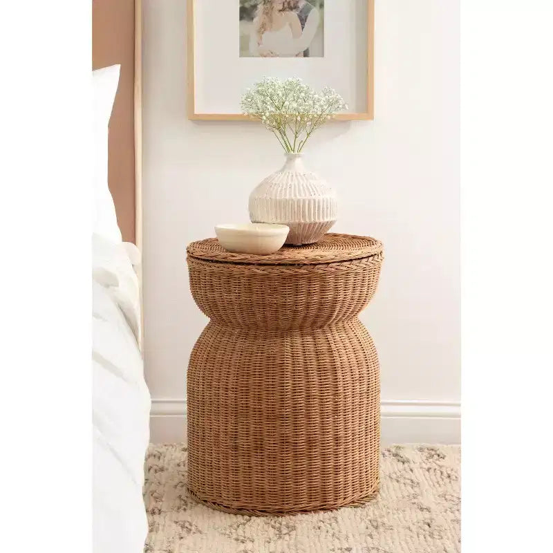 Table d'appoint de rangement ronde en rotin