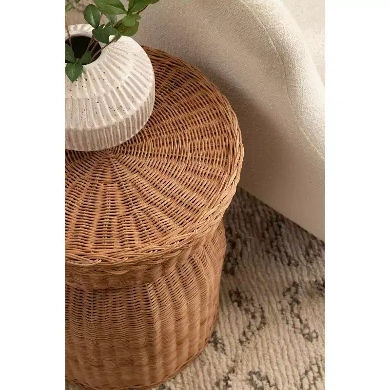 Table d'appoint de rangement ronde en rotin
