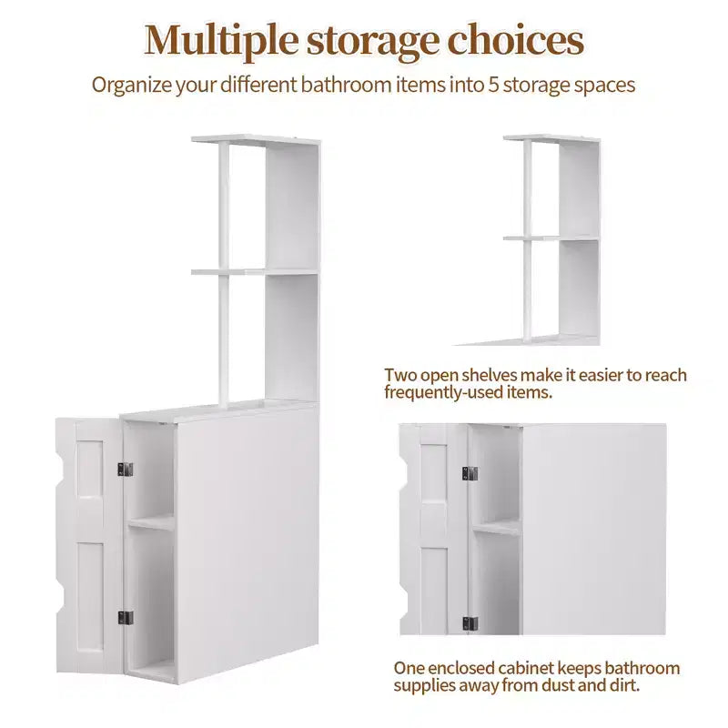 Meuble de rangement de salle de bain étroit avec 2 étagères ouvertes et une porte, Armoire de sol autoportante pour petits espaces, Blanc
