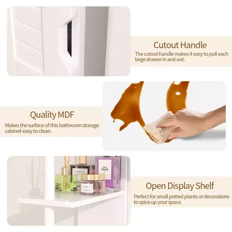 Meuble de rangement de salle de bain étroit avec 2 étagères ouvertes et une porte, Armoire de sol autoportante pour petits espaces, Blanc