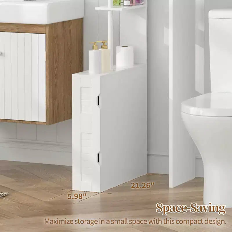 Meuble de rangement de salle de bain étroit avec 2 étagères ouvertes et une porte, Armoire de sol autoportante pour petits espaces, Blanc