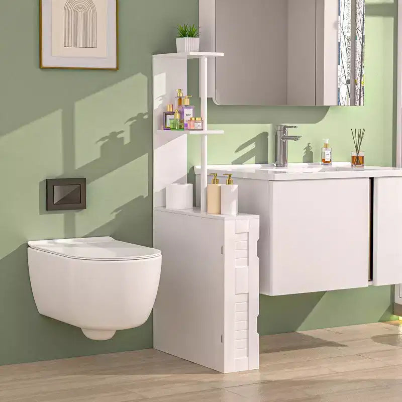 Meuble de rangement de salle de bain étroit avec 2 étagères ouvertes et une porte, Armoire de sol autoportante pour petits espaces, Blanc