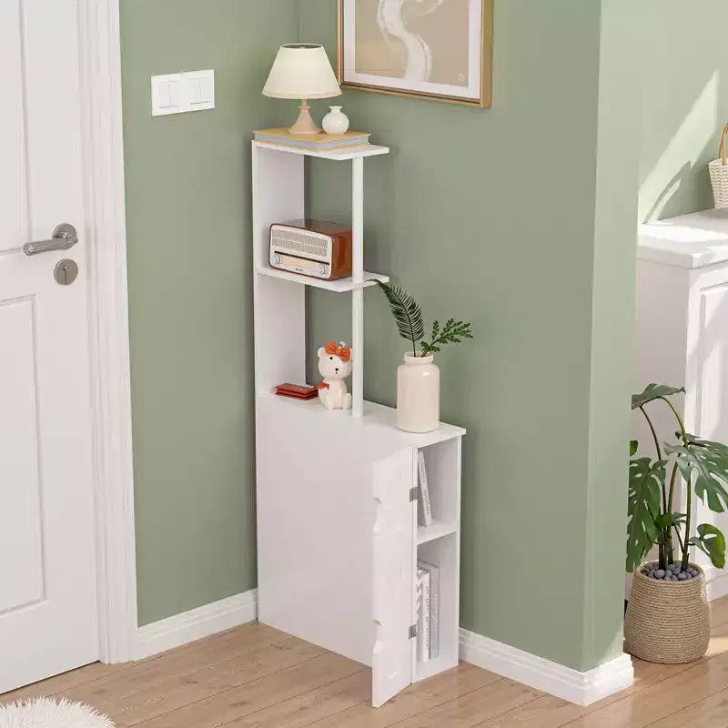 Meuble de rangement de salle de bain étroit avec 2 étagères ouvertes et une porte, Armoire de sol autoportante pour petits espaces, Blanc