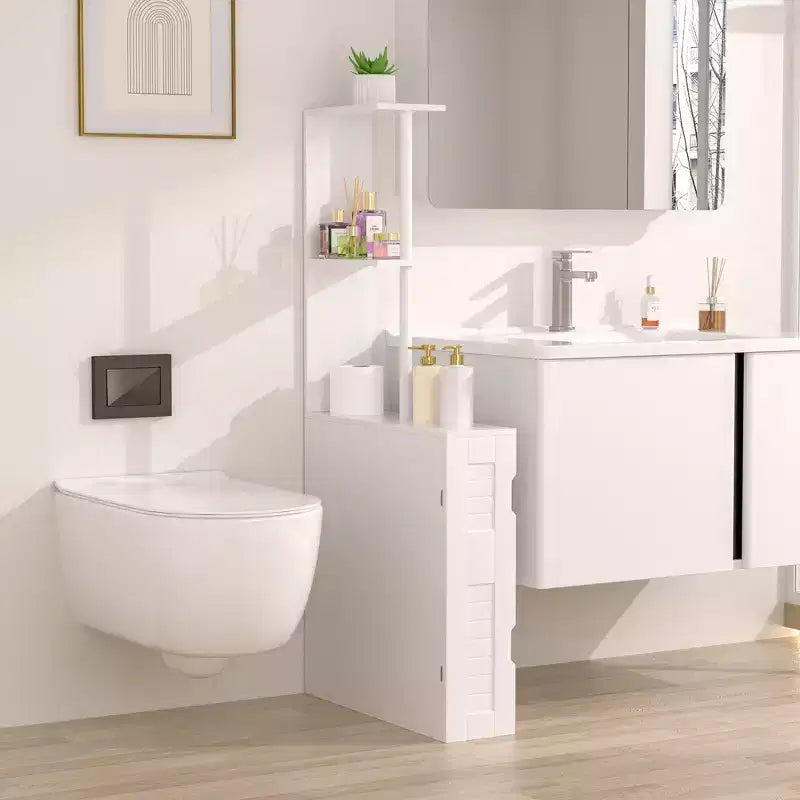 Meuble de rangement de salle de bain étroit avec 2 étagères ouvertes et une porte, Armoire de sol autoportante pour petits espaces, Blanc