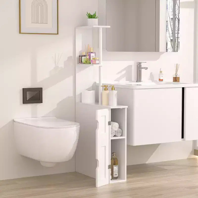 Meuble de rangement de salle de bain étroit avec 2 étagères ouvertes et une porte, Armoire de sol autoportante pour petits espaces, Blanc