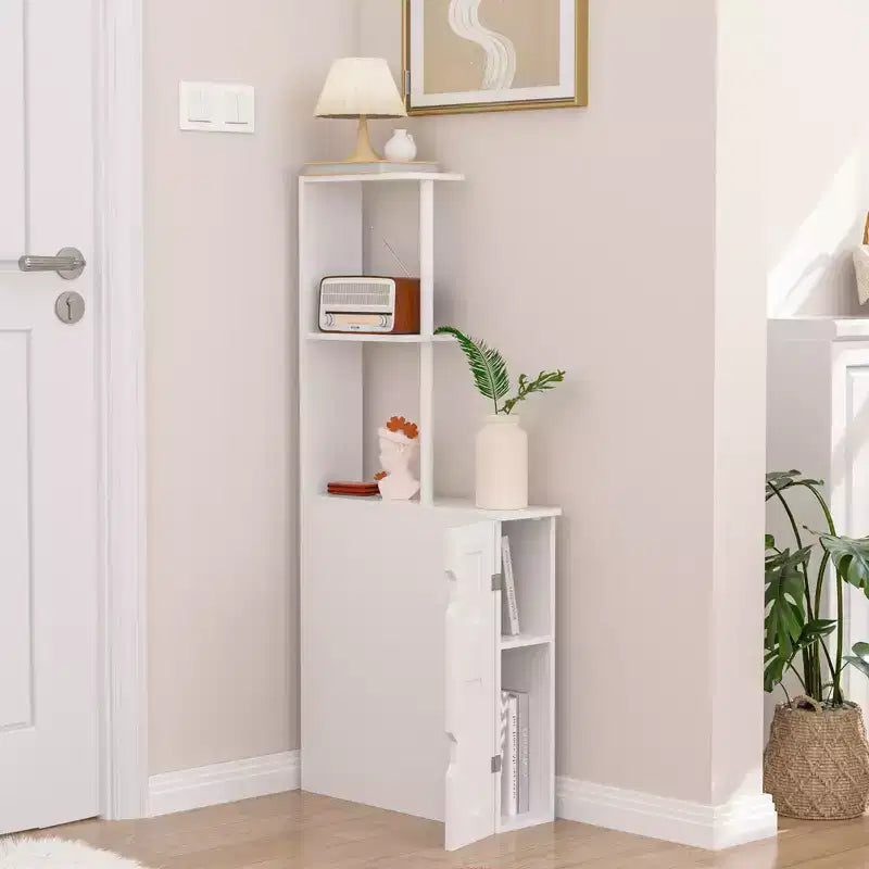 Meuble de rangement de salle de bain étroit avec 2 étagères ouvertes et une porte, Armoire de sol autoportante pour petits espaces, Blanc