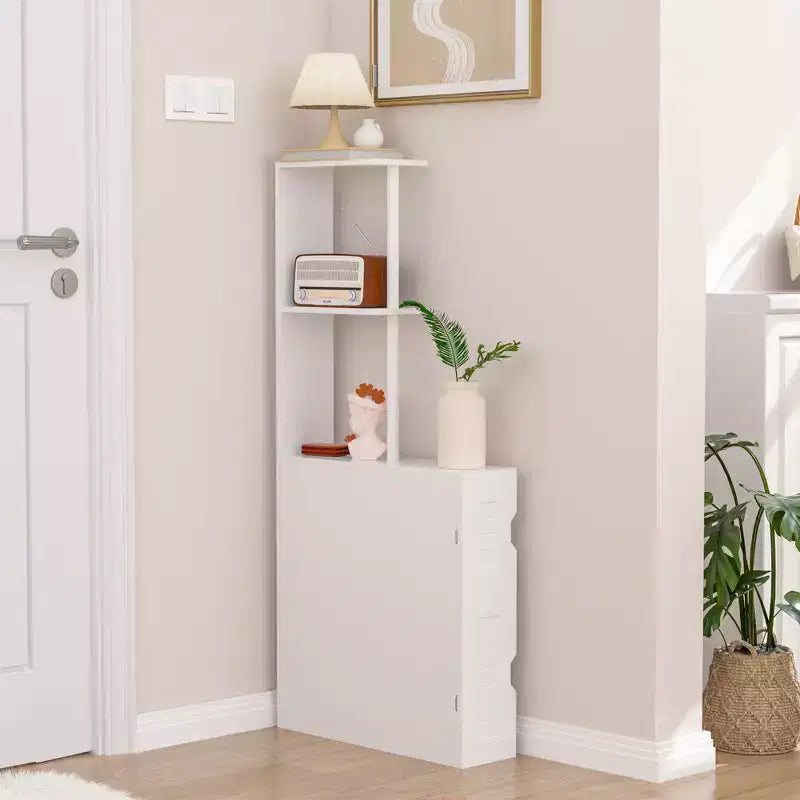 Meuble de rangement de salle de bain étroit avec 2 étagères ouvertes et une porte, Armoire de sol autoportante pour petits espaces, Blanc