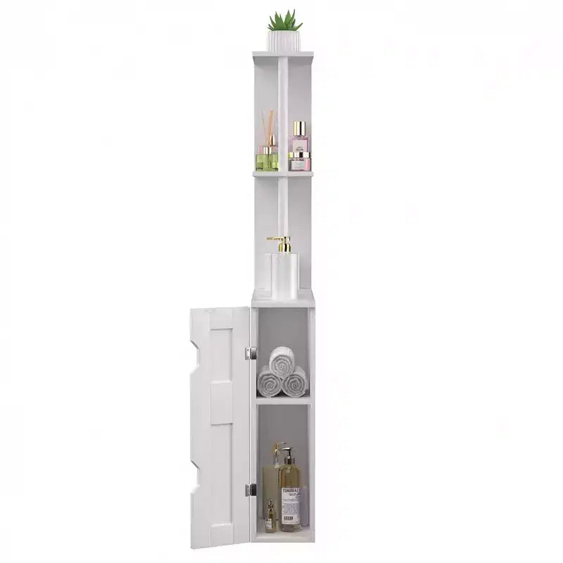 Meuble de rangement de salle de bain étroit avec 2 étagères ouvertes et une porte, Armoire de sol autoportante pour petits espaces, Blanc