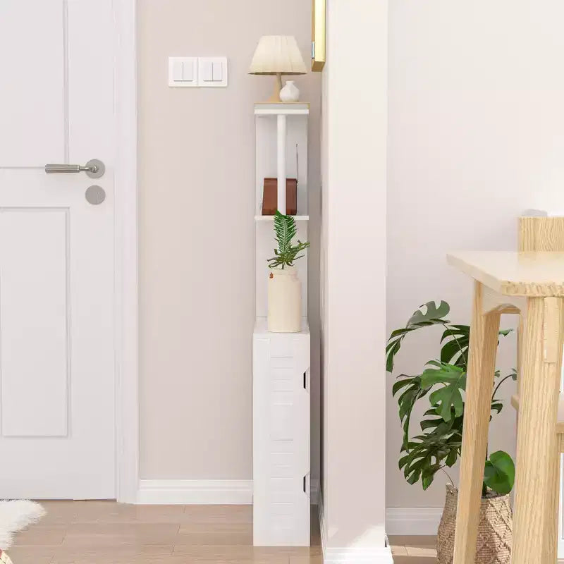 Meuble de rangement de salle de bain étroit avec 2 étagères ouvertes et une porte, Armoire de sol autoportante pour petits espaces, Blanc