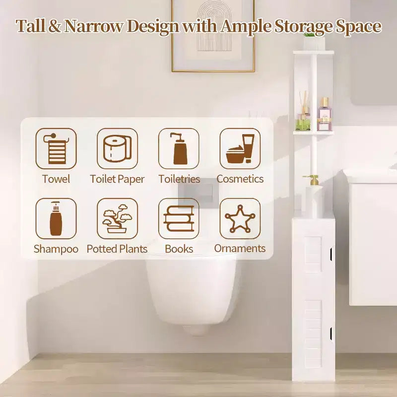 Meuble de rangement de salle de bain étroit avec 2 étagères ouvertes et une porte, Armoire de sol autoportante pour petits espaces, Blanc