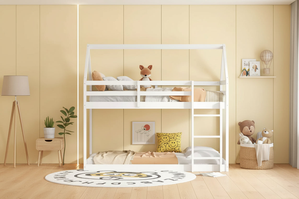 MAYEERTY Twin Rubber Wood Floor BUnk Bed with Ladder, Guardrails, House Shaped Bunk Bed Gray
