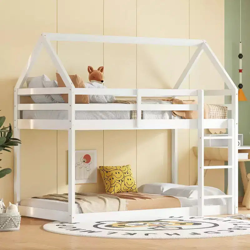 Lit superposé double en bois d'hévéa avec échelle, barrières de sécurité, lit superposé en forme de maison Gris