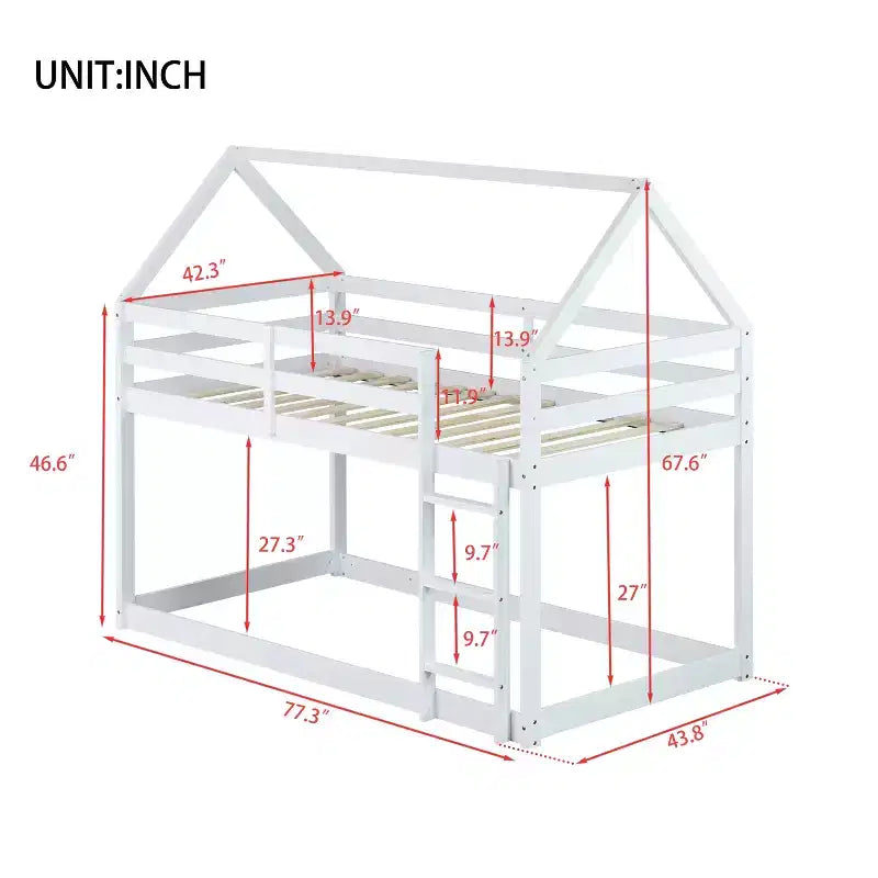 Lit superposé double en bois d'hévéa avec échelle, barrières de sécurité, lit superposé en forme de maison Gris