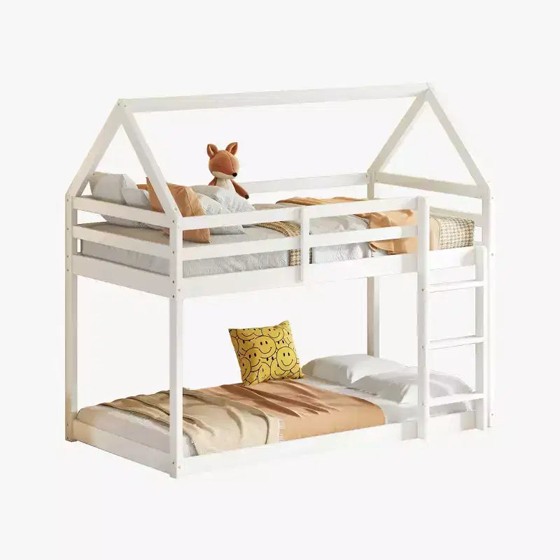 Lit superposé double en bois d'hévéa avec échelle, barrières de sécurité, lit superposé en forme de maison Gris