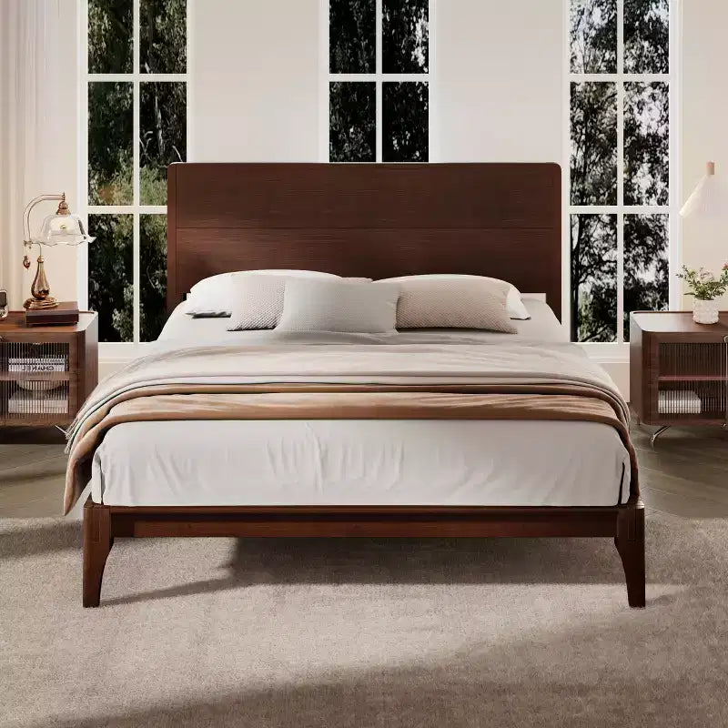 Lit plateforme en bambou style Mid-Century avec tête de lit et support métallique