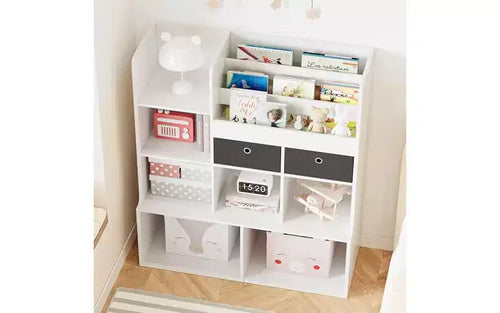 Étagère à livres 4 niveaux pour enfants, organisateur de jouets en bois avec 10 casiers et 2 tiroirs