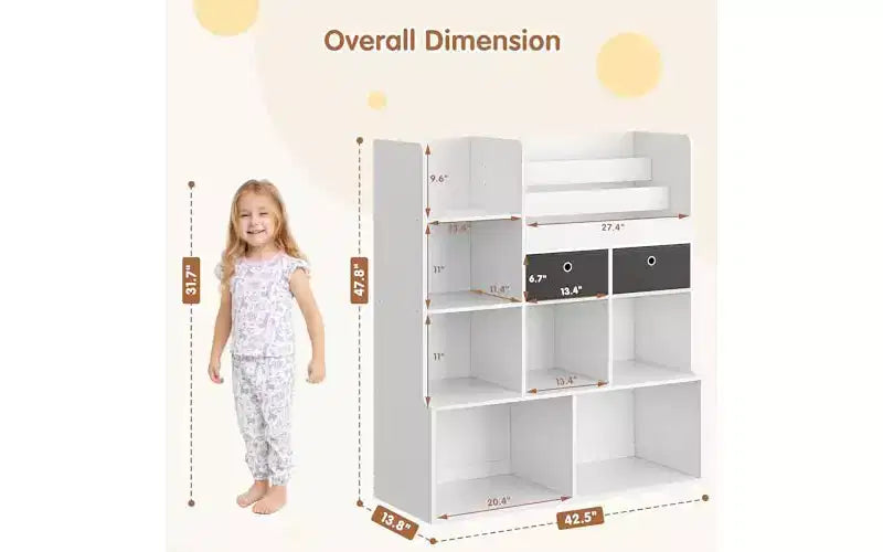 Étagère à livres 4 niveaux pour enfants, organisateur de jouets en bois avec 10 casiers et 2 tiroirs