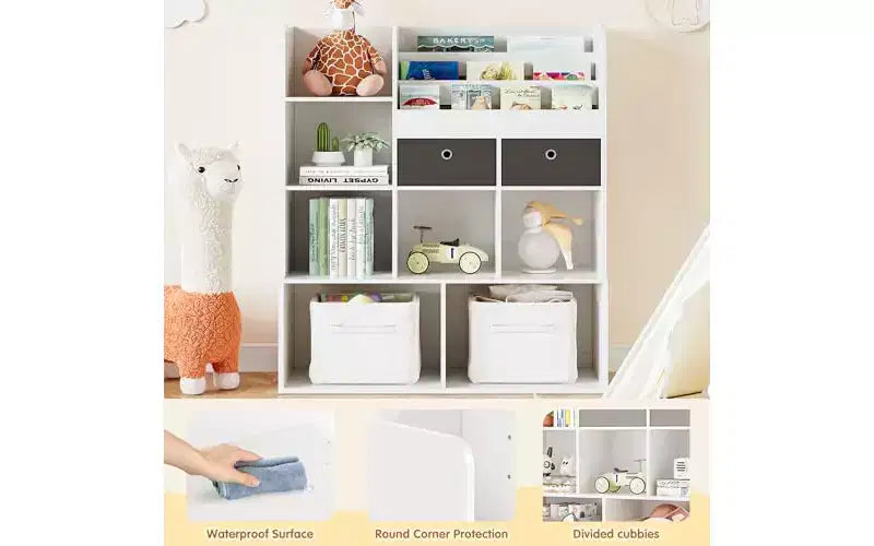 Étagère à livres 4 niveaux pour enfants, organisateur de jouets en bois avec 10 casiers et 2 tiroirs