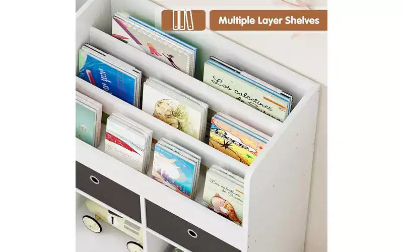 Étagère à livres 4 niveaux pour enfants, organisateur de jouets en bois avec 10 casiers et 2 tiroirs