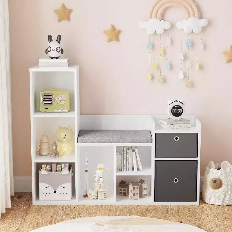 Étagère à livres 4 niveaux pour enfants, organisateur de jouets en bois avec 10 casiers et 2 tiroirs