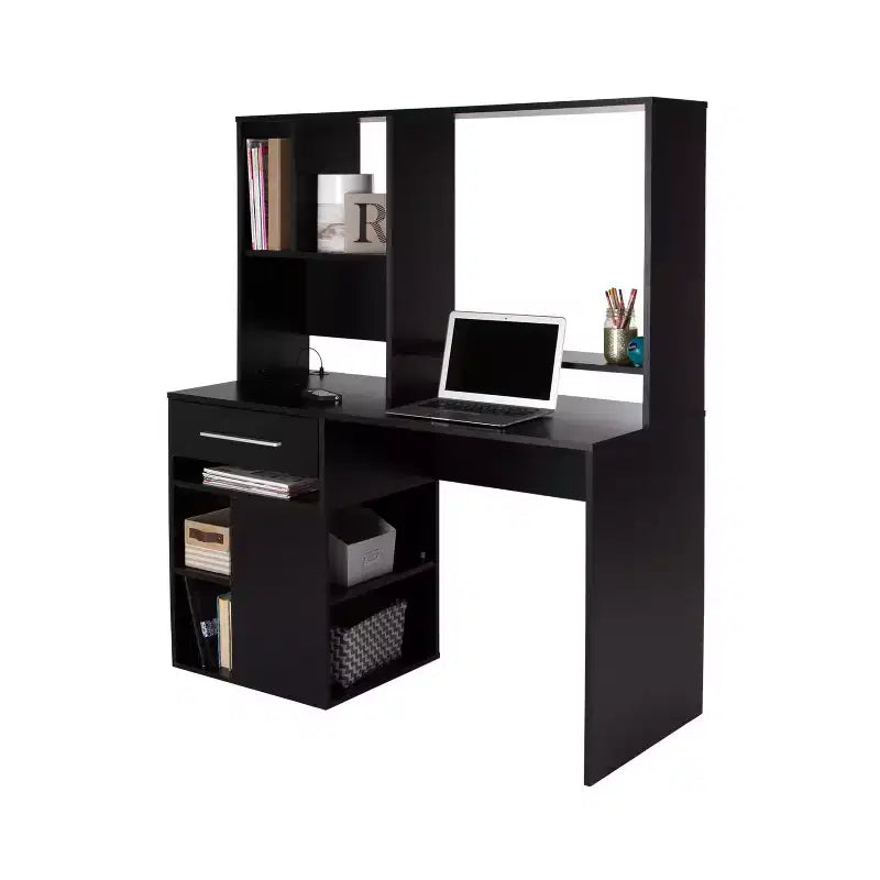 Bureau d'ordinateur à domicile noir pur avec huche et rangements