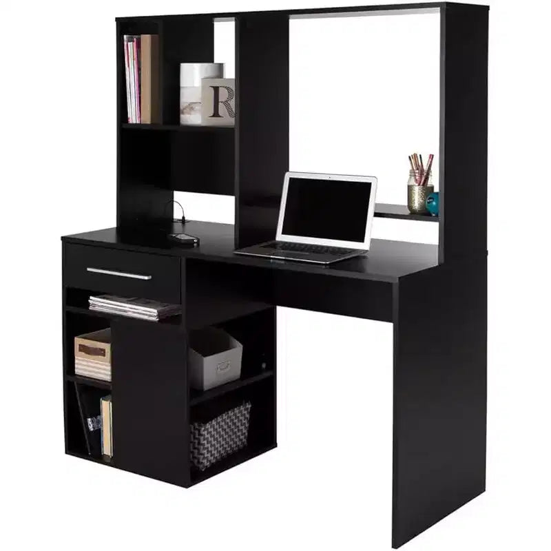 Bureau d'ordinateur à domicile noir pur avec huche et rangements