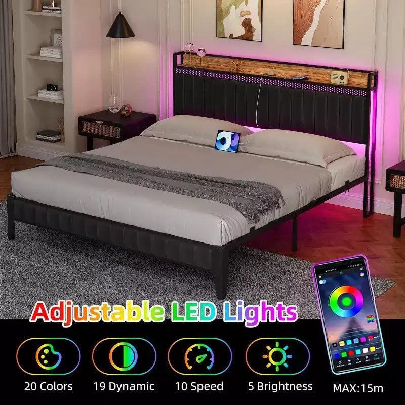 Lit moderne à LED - Tête de lit en PU avec station de recharge, lumières RGB et rangement, pas de sommier à ressorts, cadre en métal