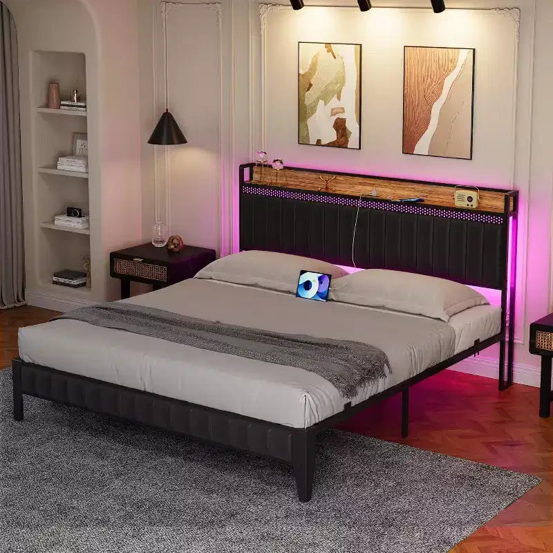 Lit moderne à LED - Tête de lit en PU avec station de recharge, lumières RGB et rangement, pas de sommier à ressorts, cadre en métal
