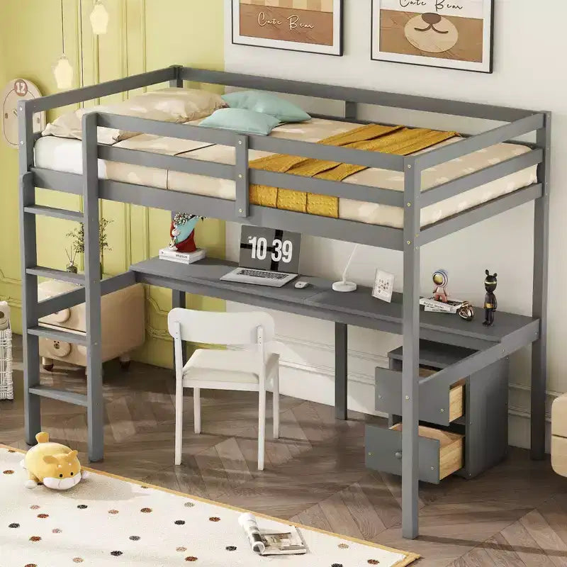 Lit mezzanine double en bois avec bureau intégré, armoire de rangement à 2 tiroirs et garde-corps, gris