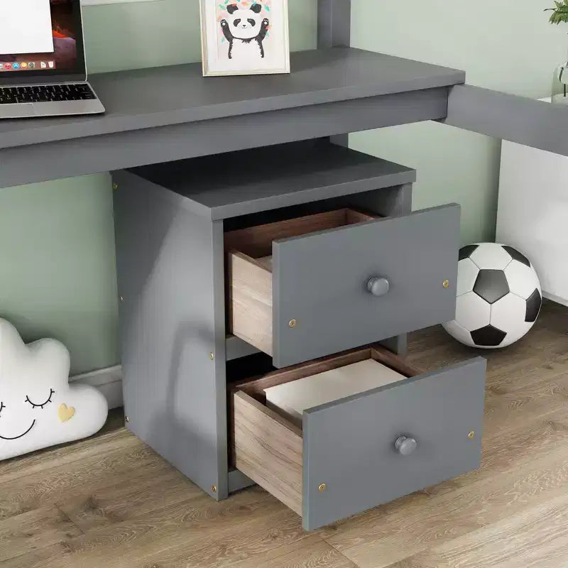Lit mezzanine double en bois avec bureau intégré, armoire de rangement à 2 tiroirs et garde-corps, gris