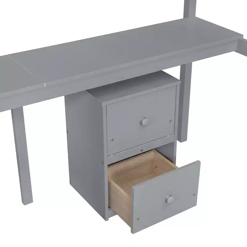Lit mezzanine double en bois avec bureau intégré, armoire de rangement à 2 tiroirs et garde-corps, gris